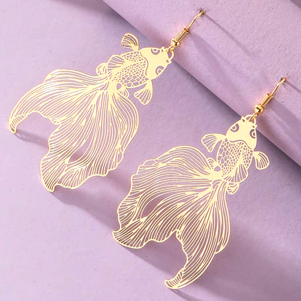 Golden Koi Fish Hook Dangle Metal Hook Earrings NEW